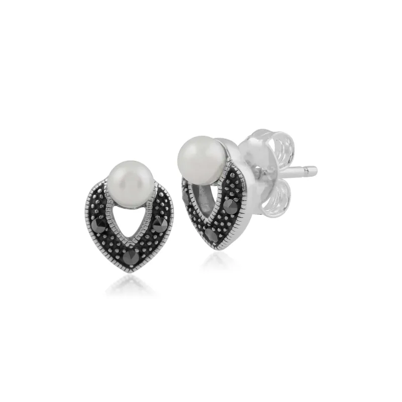 Gemondo Sterling Silver Art Deco Pearl & Marcasite Stud Earrings sold by Gemondo Jewellery