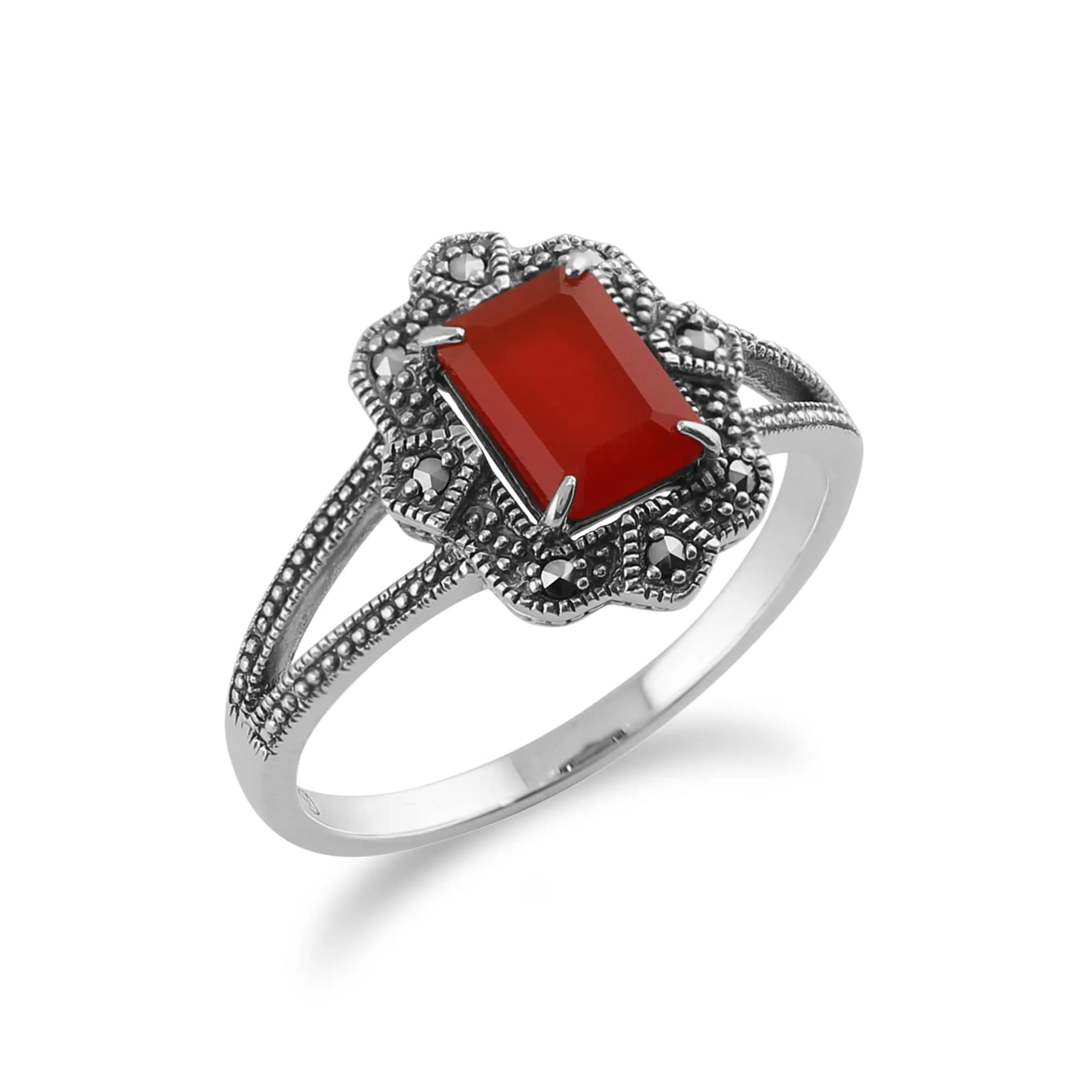 Art Deco Style Baguette Carnelian & Marcasite Ring in 925 Sterling Silver sold by Gemondo Jewellery product image thumbnail 2