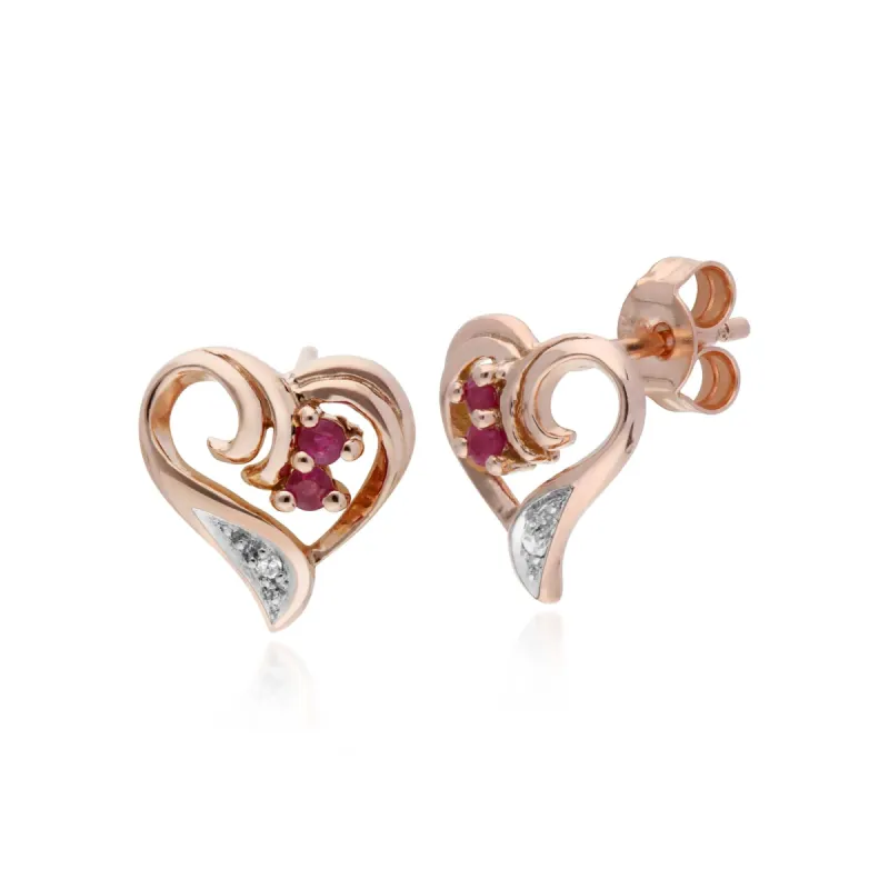 Classic Round Ruby & Diamond Fancy Swirl Heart Stud Earrings in 9ct Rose Gold sold by Gemondo Jewellery