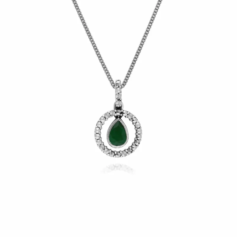 Classic Pear Emerald & Marcasite Halo Pendant in 925 Sterling Silver sold by Gemondo Jewellery