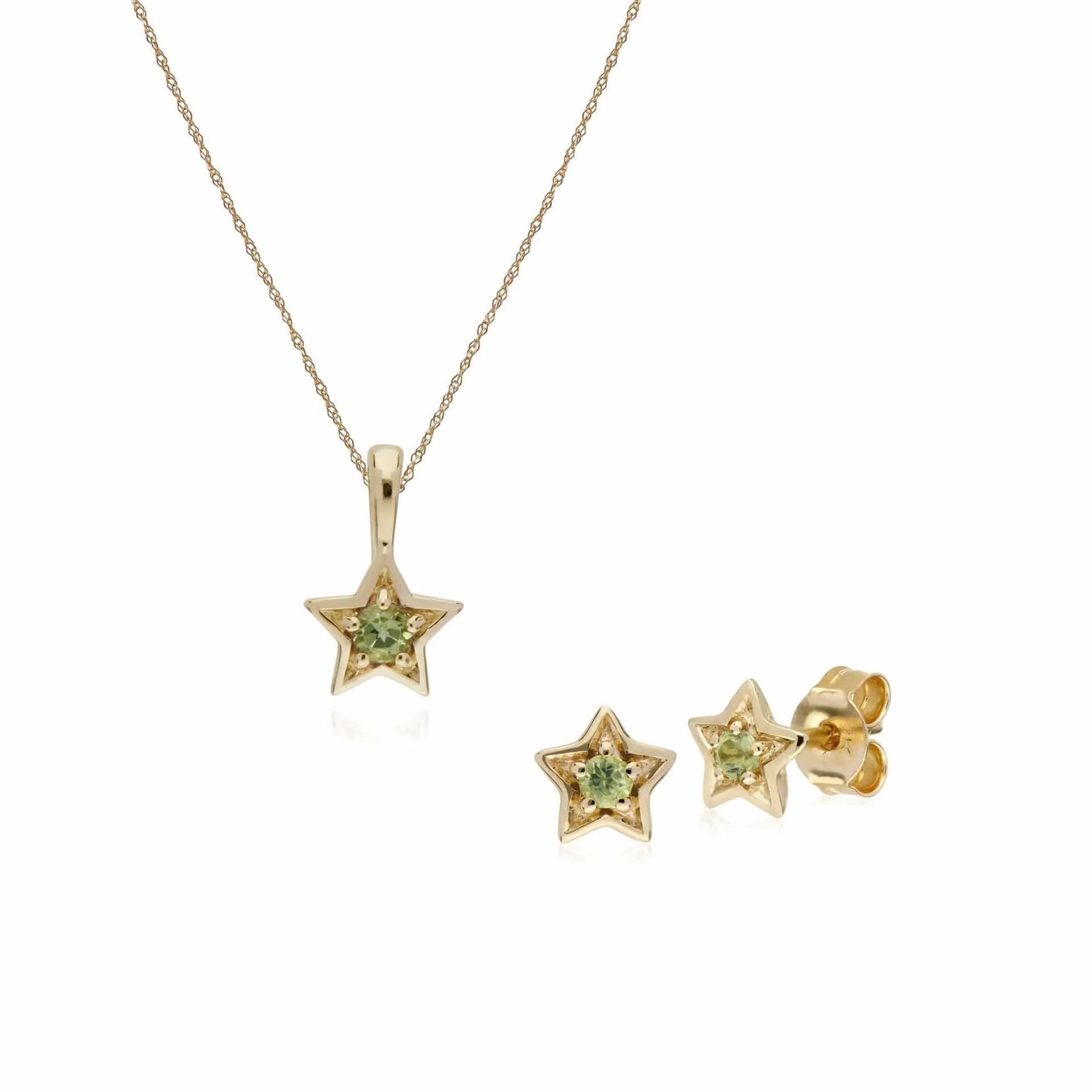 Contemporary Round Peridot Single Stone Star Earrings & Necklace Set in 9ct Yellow Gold sold by Gemondo Jewellery