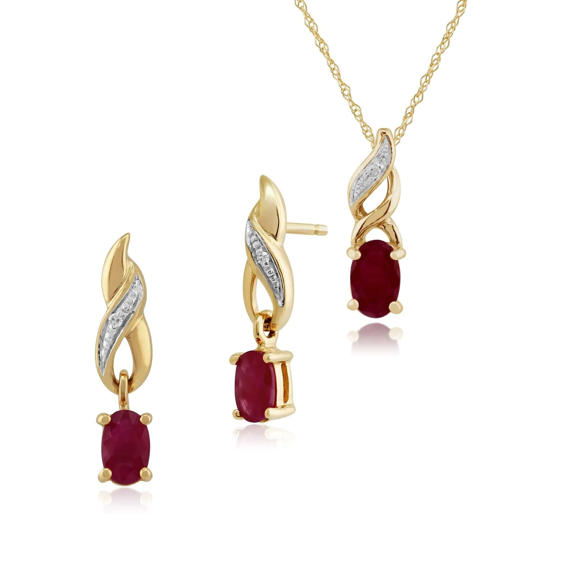 Classic Oval Ruby & Diamond Twist Drop Earrings & Pendant Set in 9ct Yellow Gold sold by Gemondo Jewellery