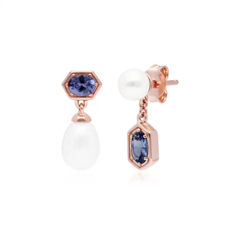 Modern Pearl & Tanzanite Mismatched Drop Earrings in Rose Gold Plated Silver sold by Gemondo Jewellery