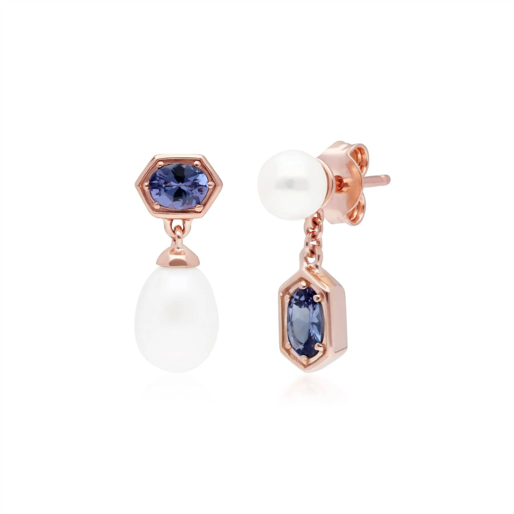 Modern Pearl & Tanzanite Mismatched Drop Earrings in Rose Gold Plated Silver sold by Gemondo Jewellery