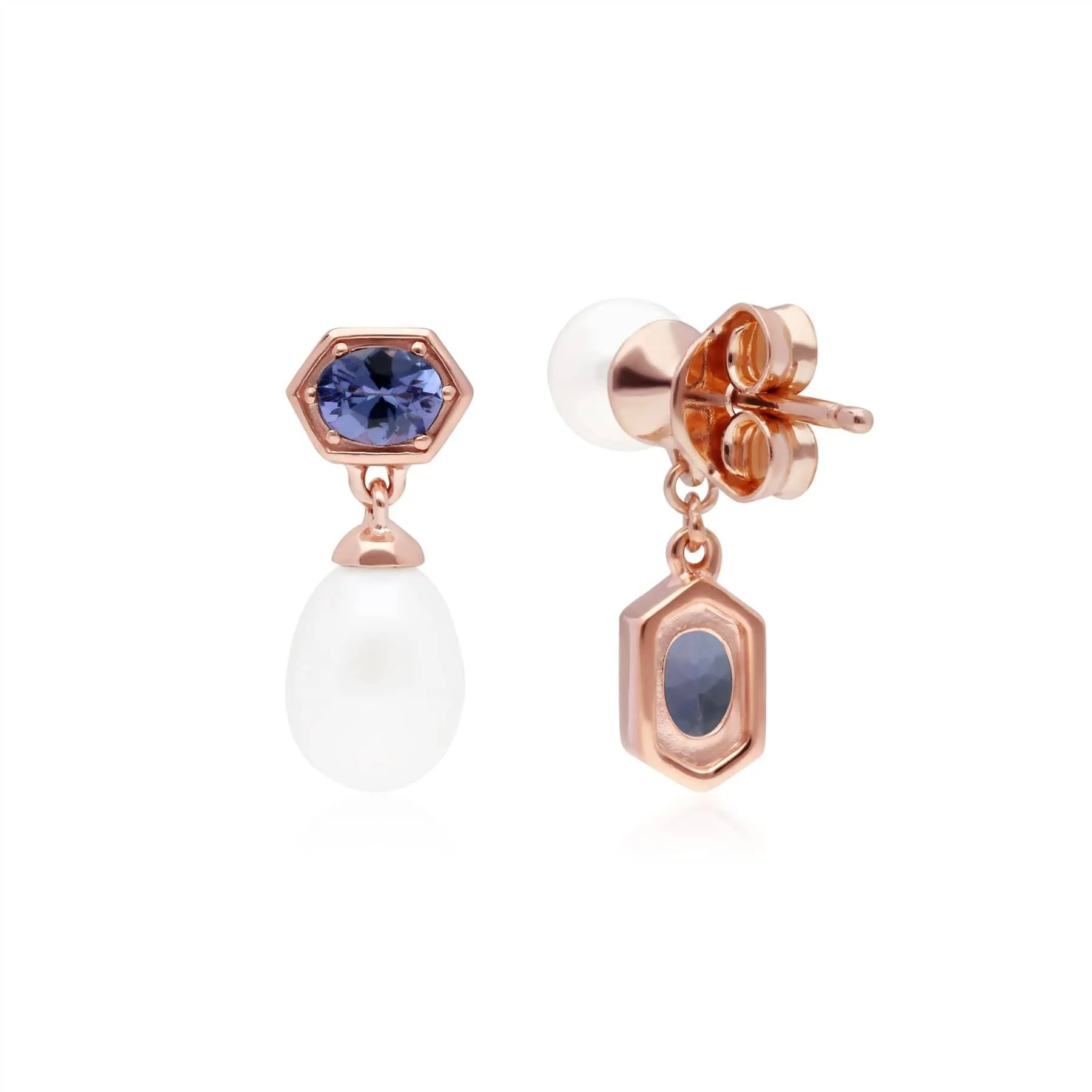 Modern Pearl & Tanzanite Mismatched Drop Earrings in Rose Gold Plated Silver sold by Gemondo Jewellery product image thumbnail 3