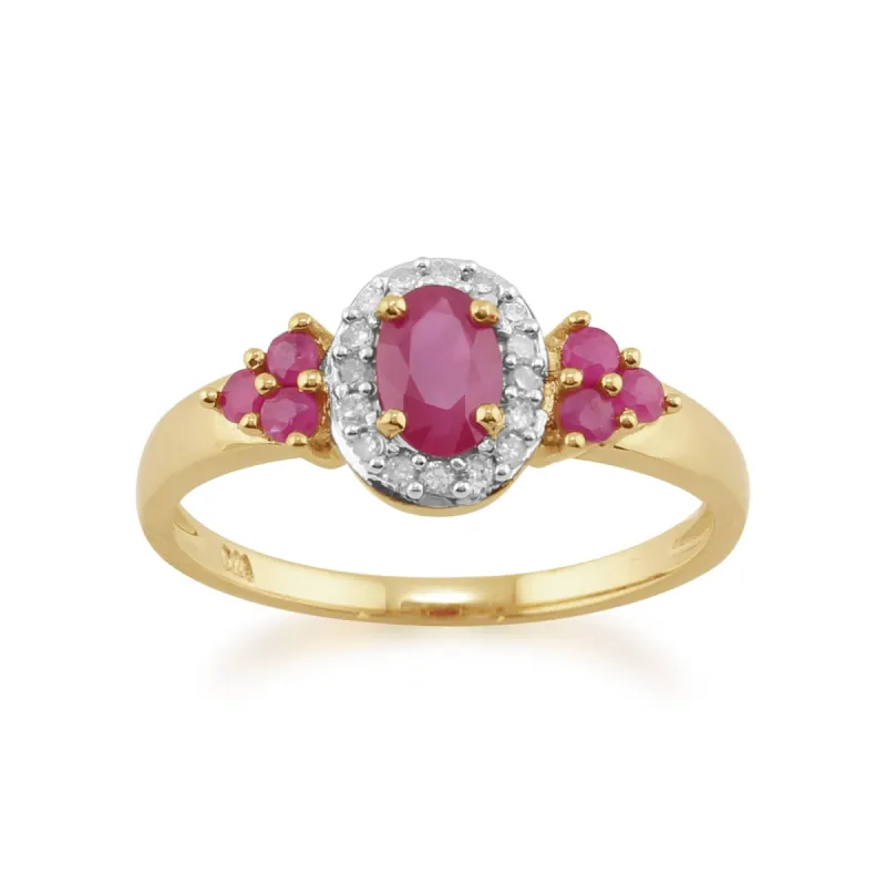 9ct Yellow Gold 0.88ct Natural Ruby & Diamond Cluster Style Ring sold by Gemondo Jewellery