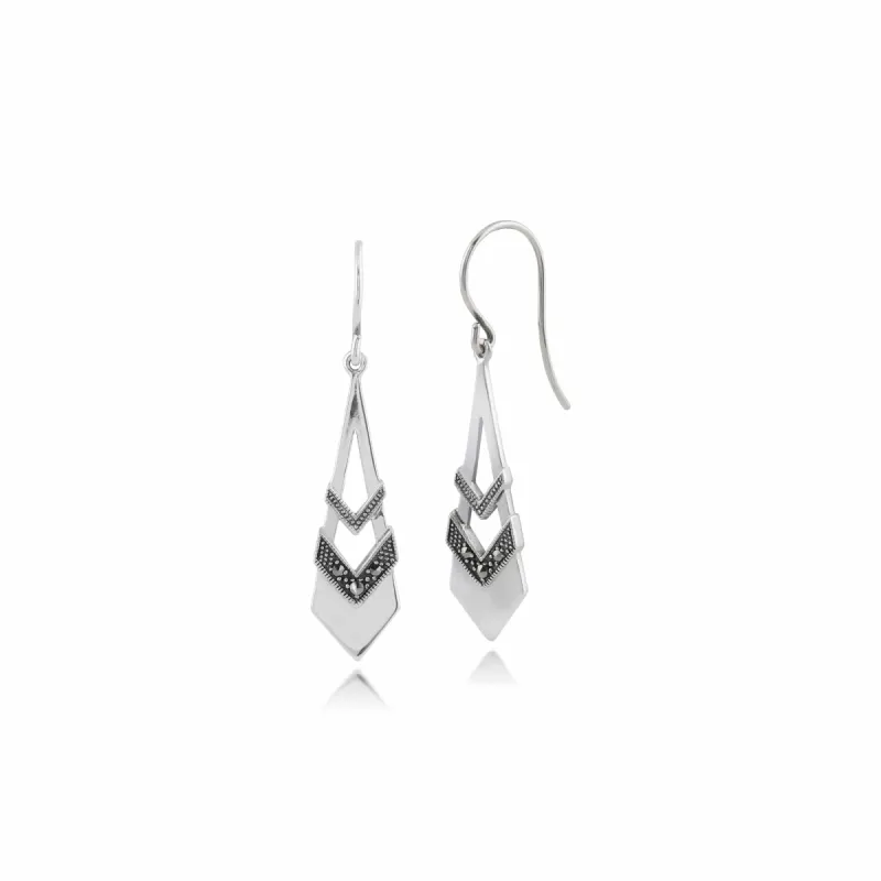 Art Deco Style Round Opal & Marcasite Open Work Kite Drop Earrings in 925 Sterling Silver sold by Gemondo Jewellery