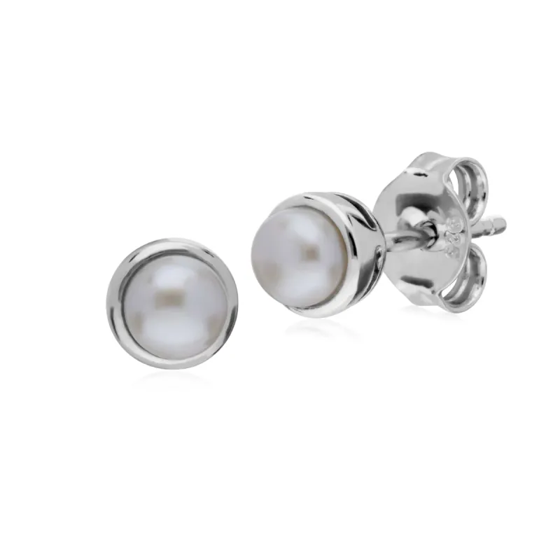 Sterling Silver Simple Chinese Freshwater Pearl Bezel Round Stud Earrings sold by Gemondo Jewellery