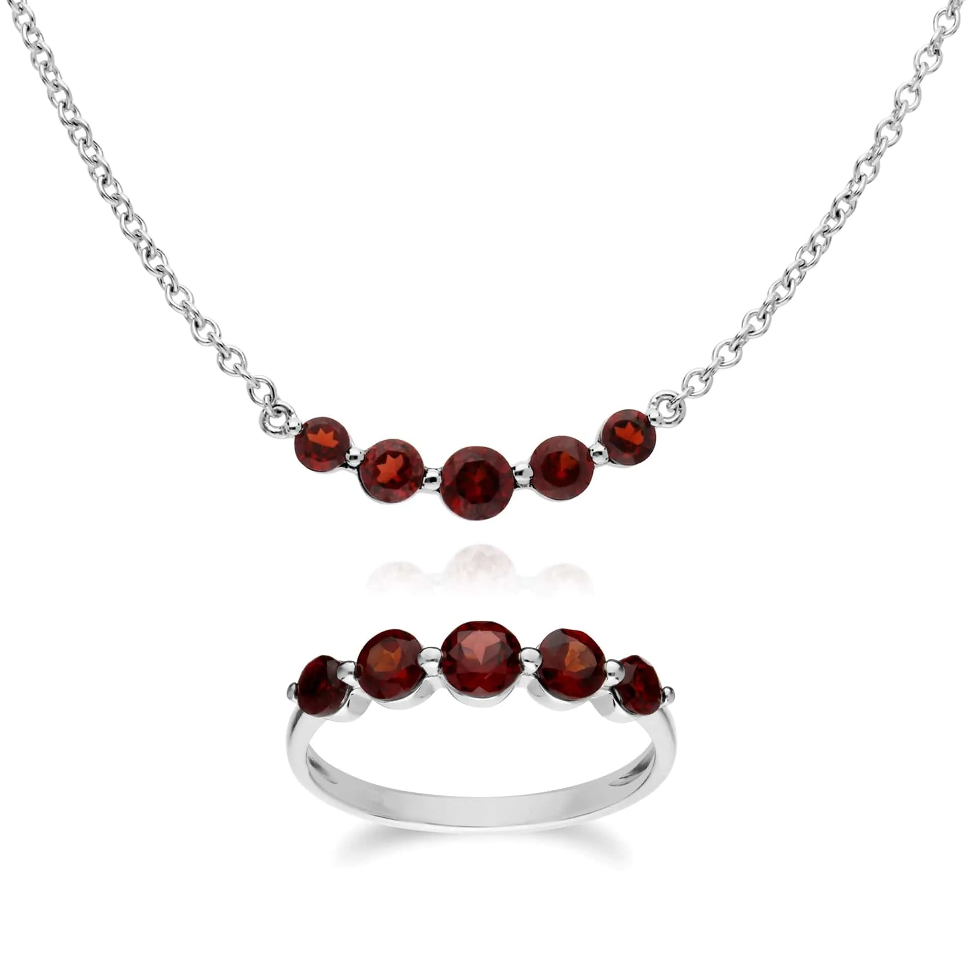 Classic Round Garnet Five Stone Gradient Ring & Necklace Set in 925 Sterling Silver sold by Gemondo Jewellery