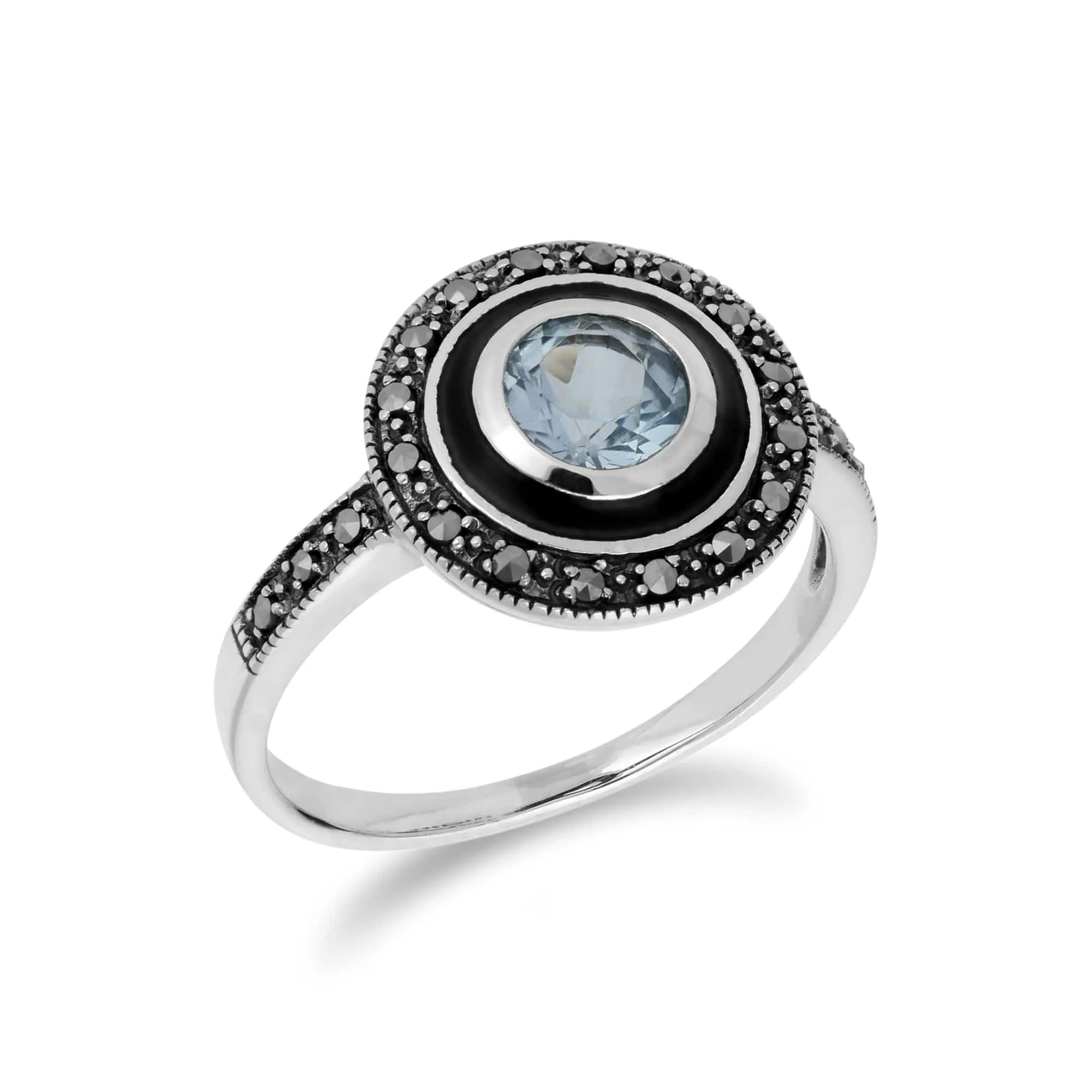 Art Deco Style Round Blue Topaz & Black Enamel Halo Ring in Sterling Silver sold by Gemondo Jewellery product image thumbnail 2