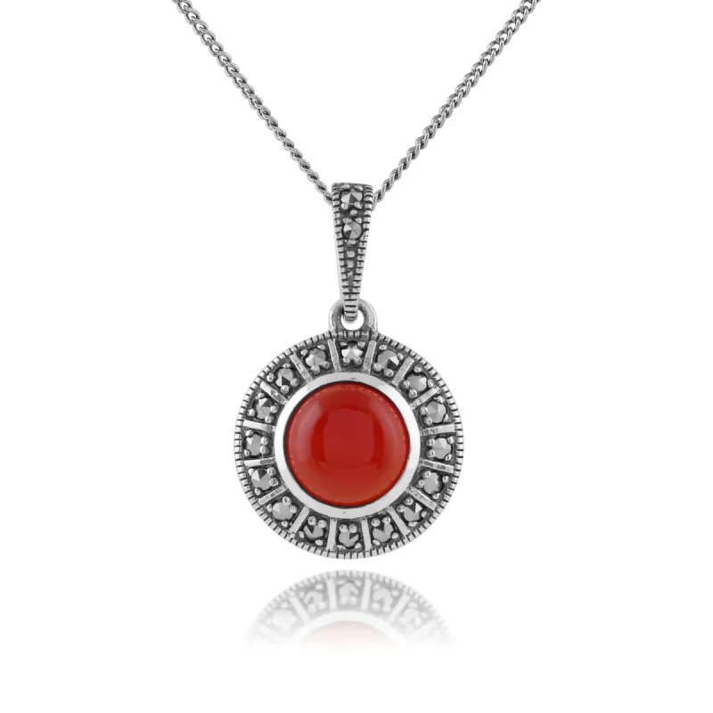 Art Deco Style Round Carnelian Cabochon & Marcasite Pendant in 925 Sterling Silver sold by Gemondo Jewellery
