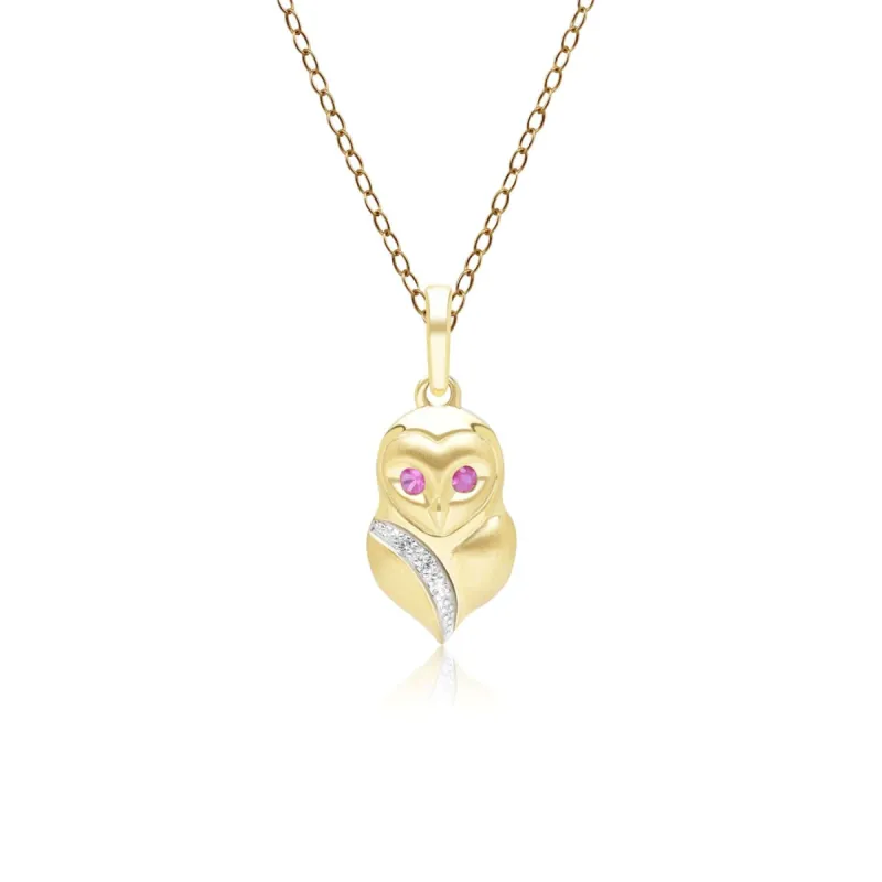 Gardenia Ruby and White Sapphire Owl Pendant Necklace in 9ct Yellow Gold sold by Gemondo Jewellery