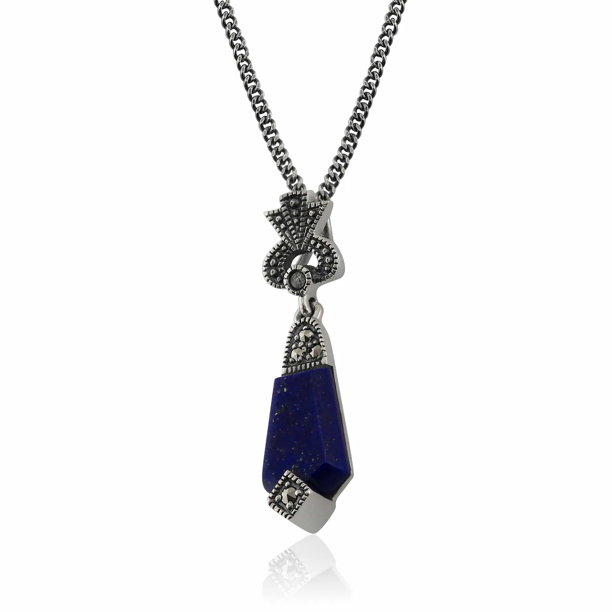 Art Deco Style Lapis Lazuli Cabochon & Marcasite Pendant in 925 Sterling Silver sold by Gemondo Jewellery product image thumbnail 2