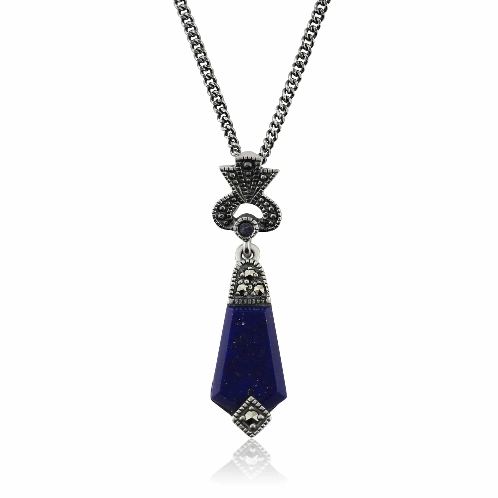 Art Deco Style Lapis Lazuli Cabochon & Marcasite Pendant in 925 Sterling Silver sold by Gemondo Jewellery