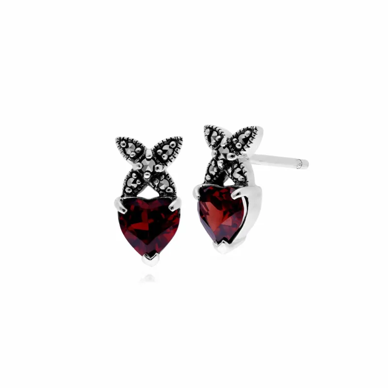 Sterling Silver Mozambique Garnet & Marcasite January Heart Stud Earrings sold by Gemondo Jewellery