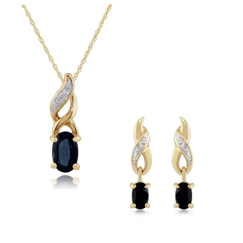 Classic Oval Sapphire & Diamond Twist Drop Earrings & Pendant Set in 9ct Yellow Gold sold by Gemondo Jewellery
