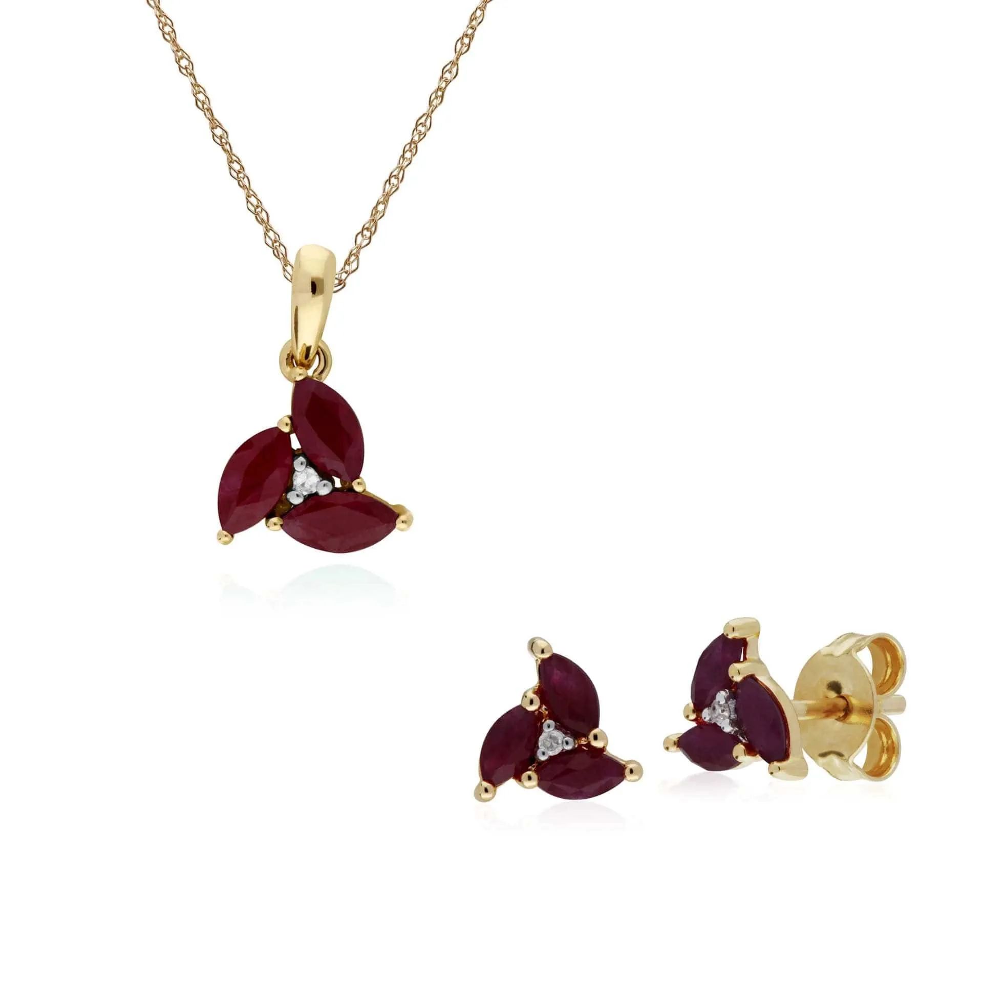 Classic Round Ruby Marquise Cluster Stud Earrings & Necklace Set in 9ct Yellow Gold sold by Gemondo Jewellery