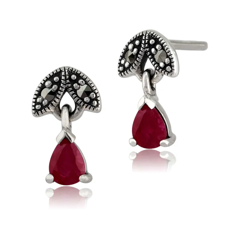 Art Nouveau Style Pear Ruby & Marcasite Drop Earrings in 925 Sterling Silver sold by Gemondo Jewellery