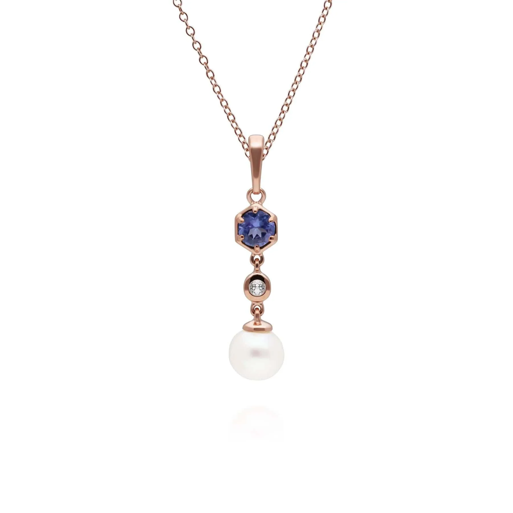 Modern Pearl, Tanzanite & Topaz Drop Pendant in Rose Gold Plated Silver sold by Gemondo Jewellery