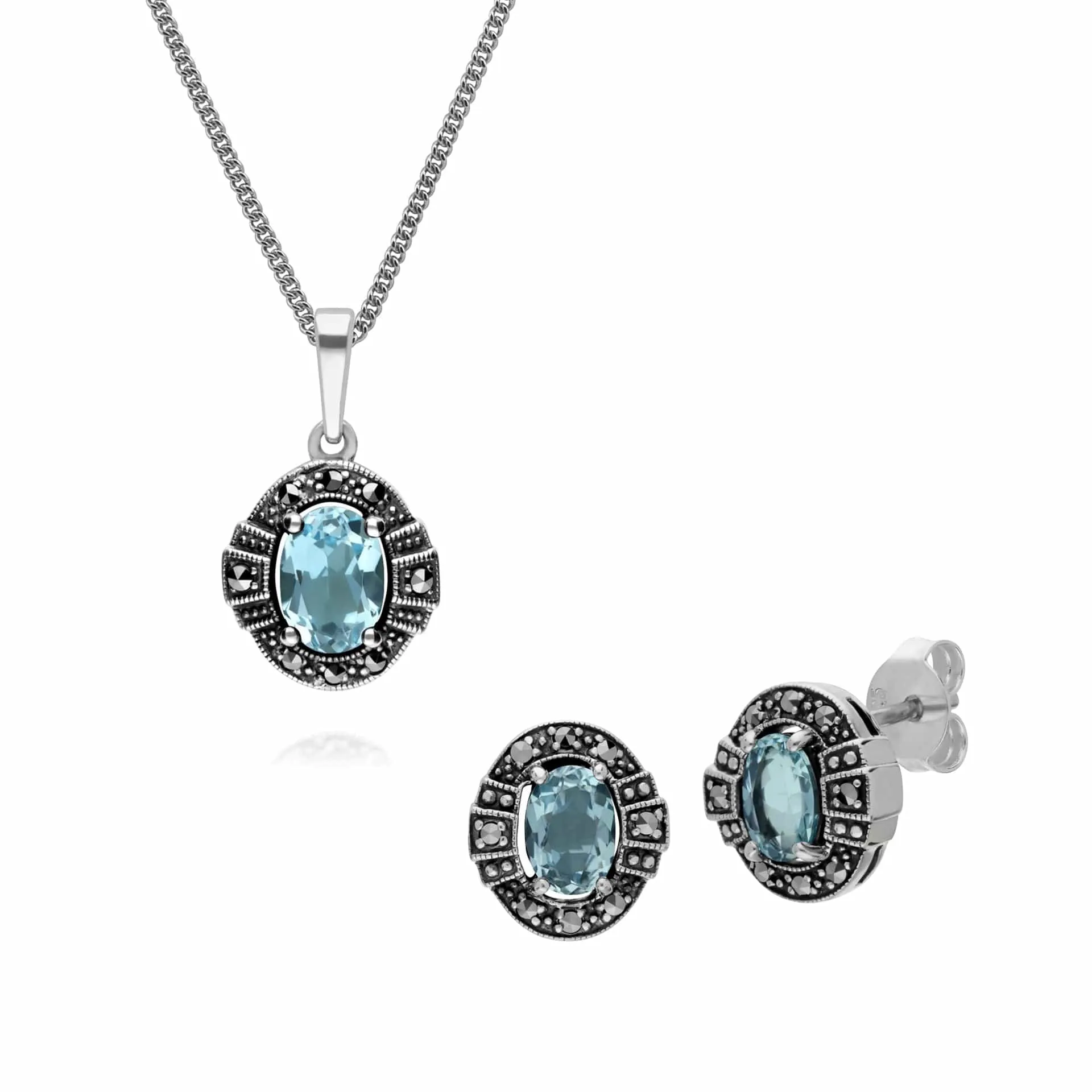 Art Deco Style Oval Blue Topaz and Marcasite Cluster Stud Earrings & Pendant Set in 925 Sterling Silver sold by Gemondo Jewellery