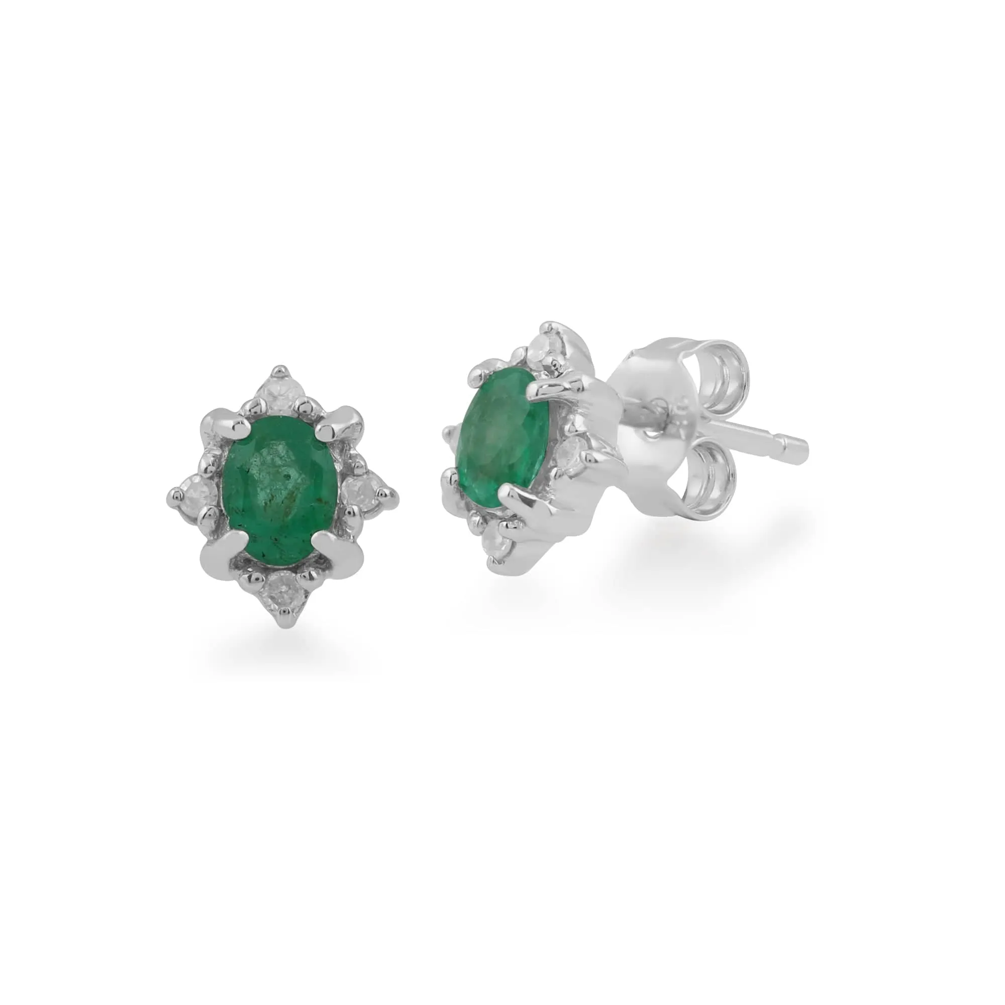 Classic Oval Emerald & Diamond Cluster Stud Earrings in 9ct White Gold sold by Gemondo Jewellery