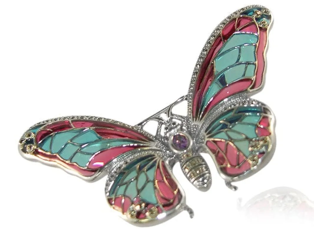 Art Nouveau Style Amethyst, Marcasite & Enamel Butterfly Brooch in Sterling Silver sold by Gemondo Jewellery