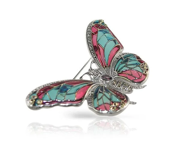 Art Nouveau Style Amethyst, Marcasite & Enamel Butterfly Brooch in Sterling Silver sold by Gemondo Jewellery product image thumbnail 2