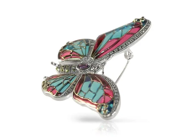 Art Nouveau Style Amethyst, Marcasite & Enamel Butterfly Brooch in Sterling Silver sold by Gemondo Jewellery product image thumbnail 4