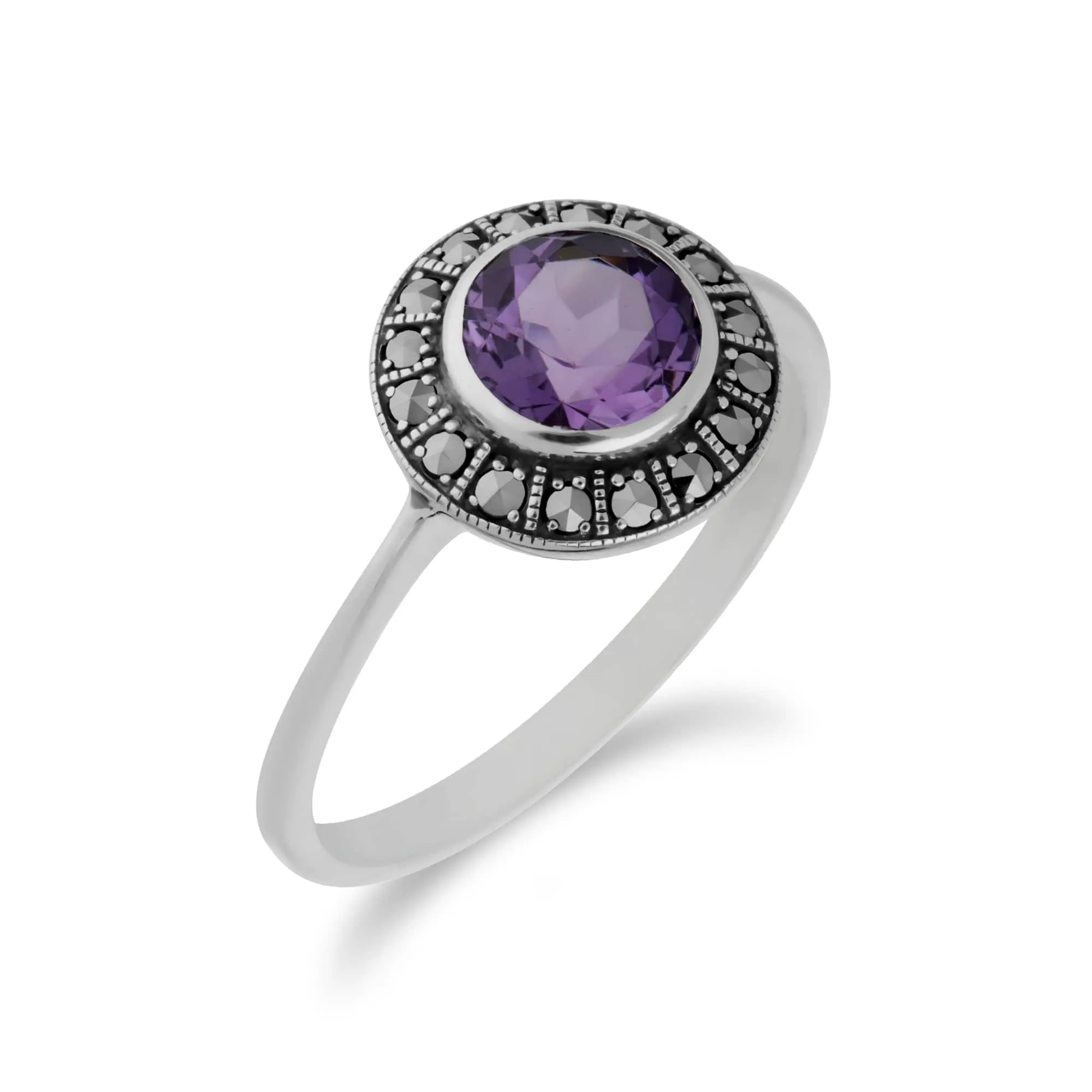 Art Deco Style Round Amethyst & Marcasite Halo Ring In Sterling Silver sold by Gemondo Jewellery product image thumbnail 2