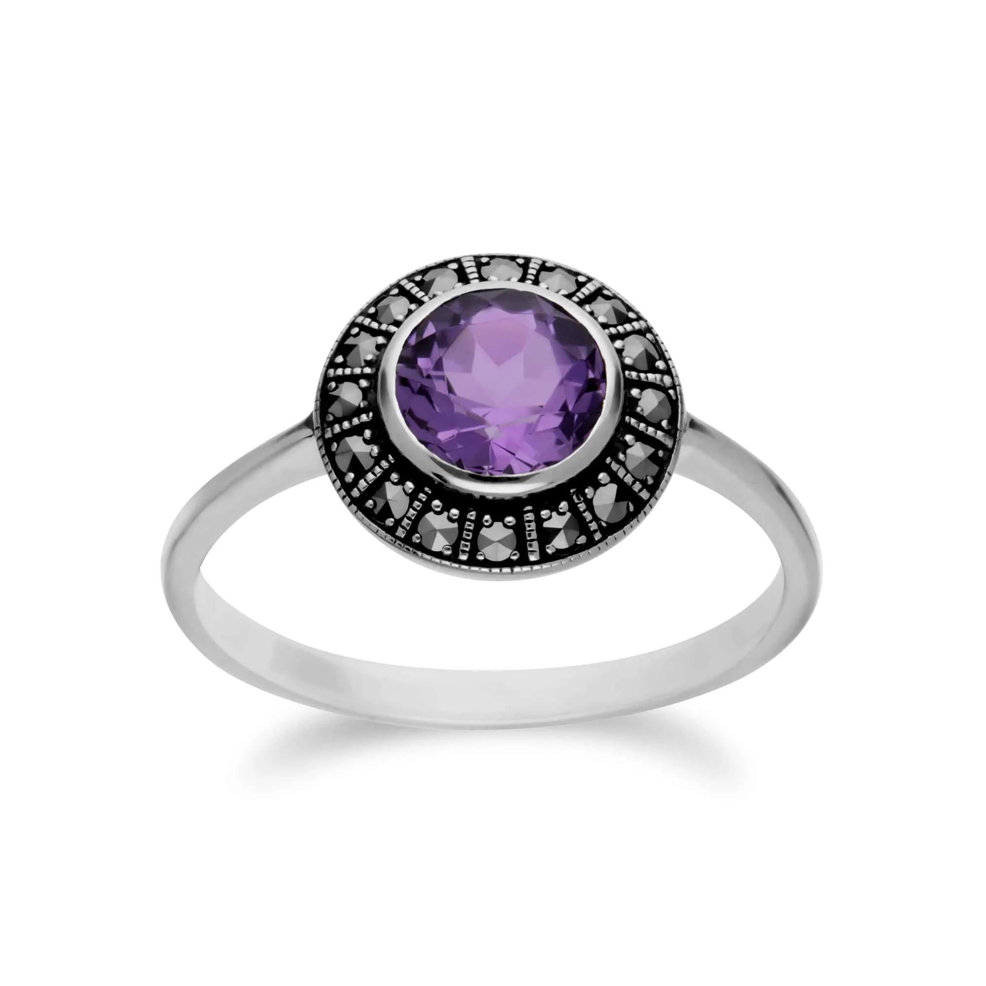 Art Deco Style Round Amethyst & Marcasite Halo Ring In Sterling Silver sold by Gemondo Jewellery