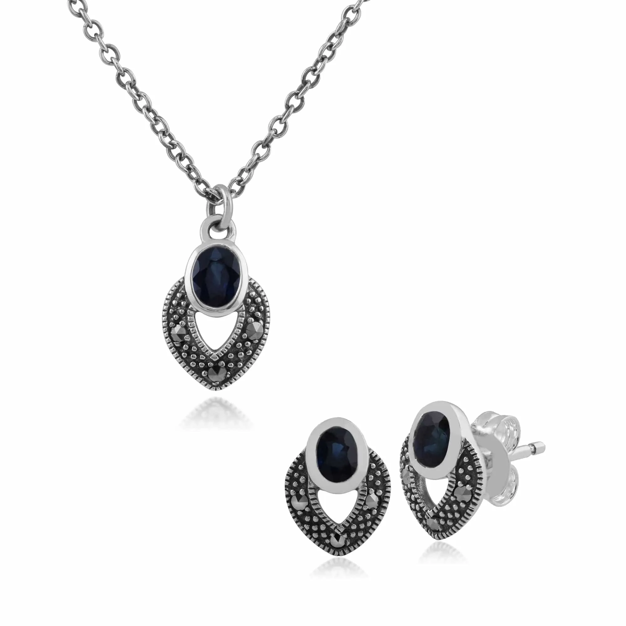 Art Deco Style Oval Sapphire & Marcasite Stud Earrings & Pendant Set in Sterling Silver sold by Gemondo Jewellery