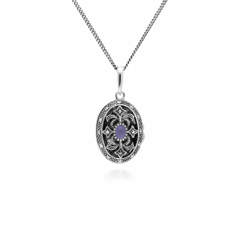 Art Nouveau Style Oval Dyed Purple Jade & Marcasite Locket Necklace in 925 Sterling Silver sold by Gemondo Jewellery