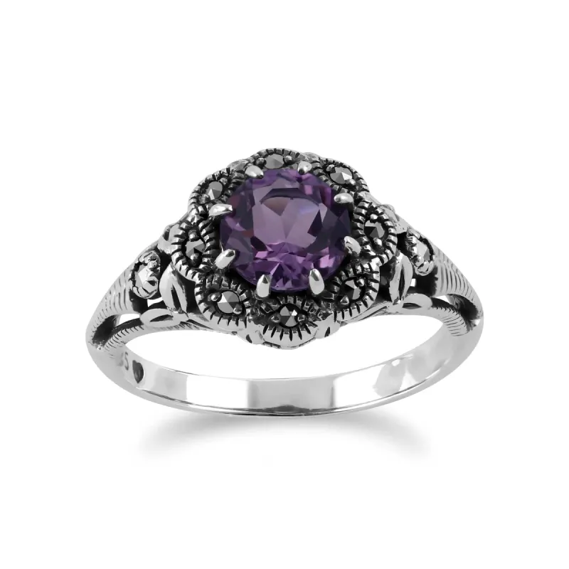 Art Nouveau Style Round Amethyst & Marcasite Floral Ring in Sterling Silver sold by Gemondo Jewellery