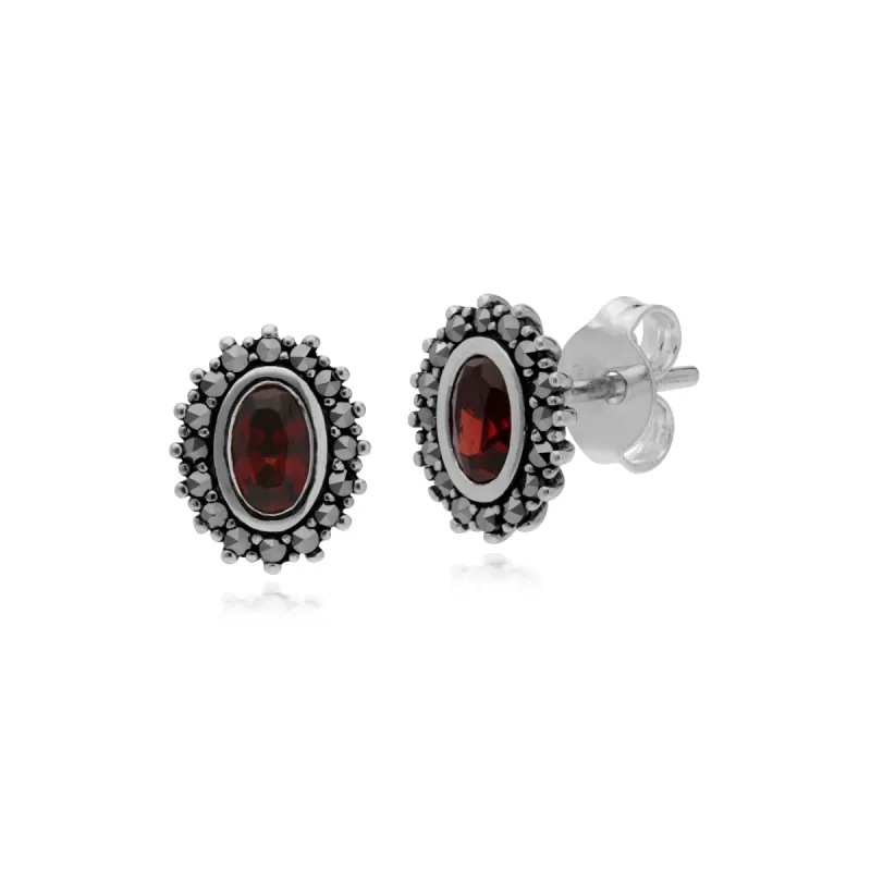 Sterling Silver Mozambique Garnet & Marcasite January Art Nouveau Stud Earrings sold by Gemondo Jewellery