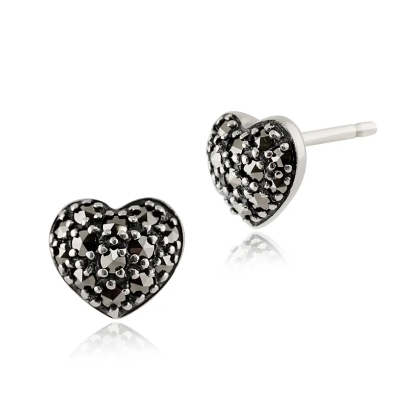 Classic Round Marcasite Pave Set Heart Stud Earrings in 925 Sterling Silver sold by Gemondo Jewellery