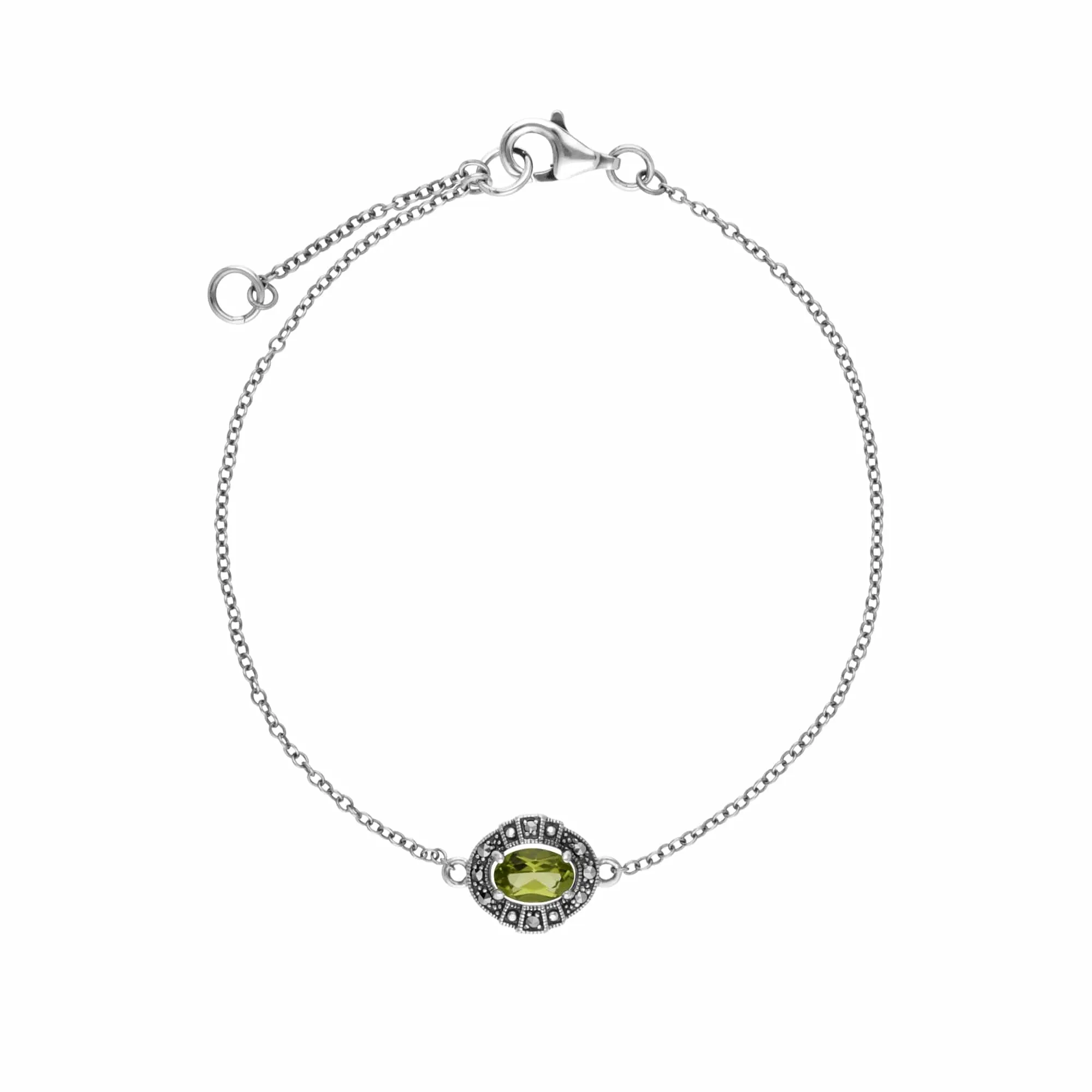 Art Deco Style Oval Peridot & Marcasite Cluster Bracelet in 925 Sterling Silver sold by Gemondo Jewellery product image thumbnail 2