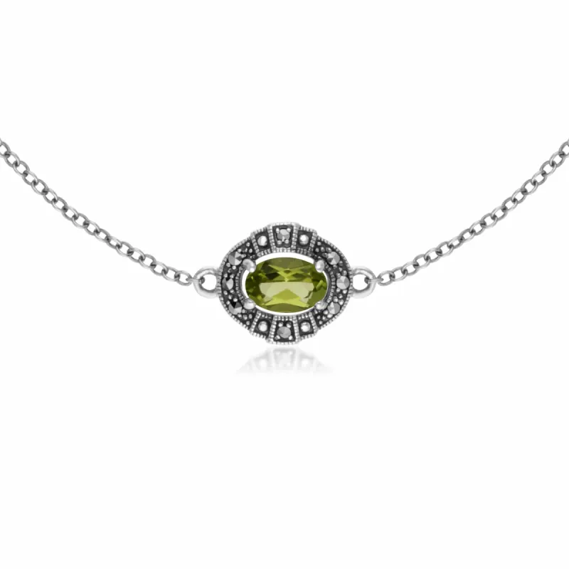 Art Deco Style Oval Peridot & Marcasite Cluster Bracelet in 925 Sterling Silver sold by Gemondo Jewellery