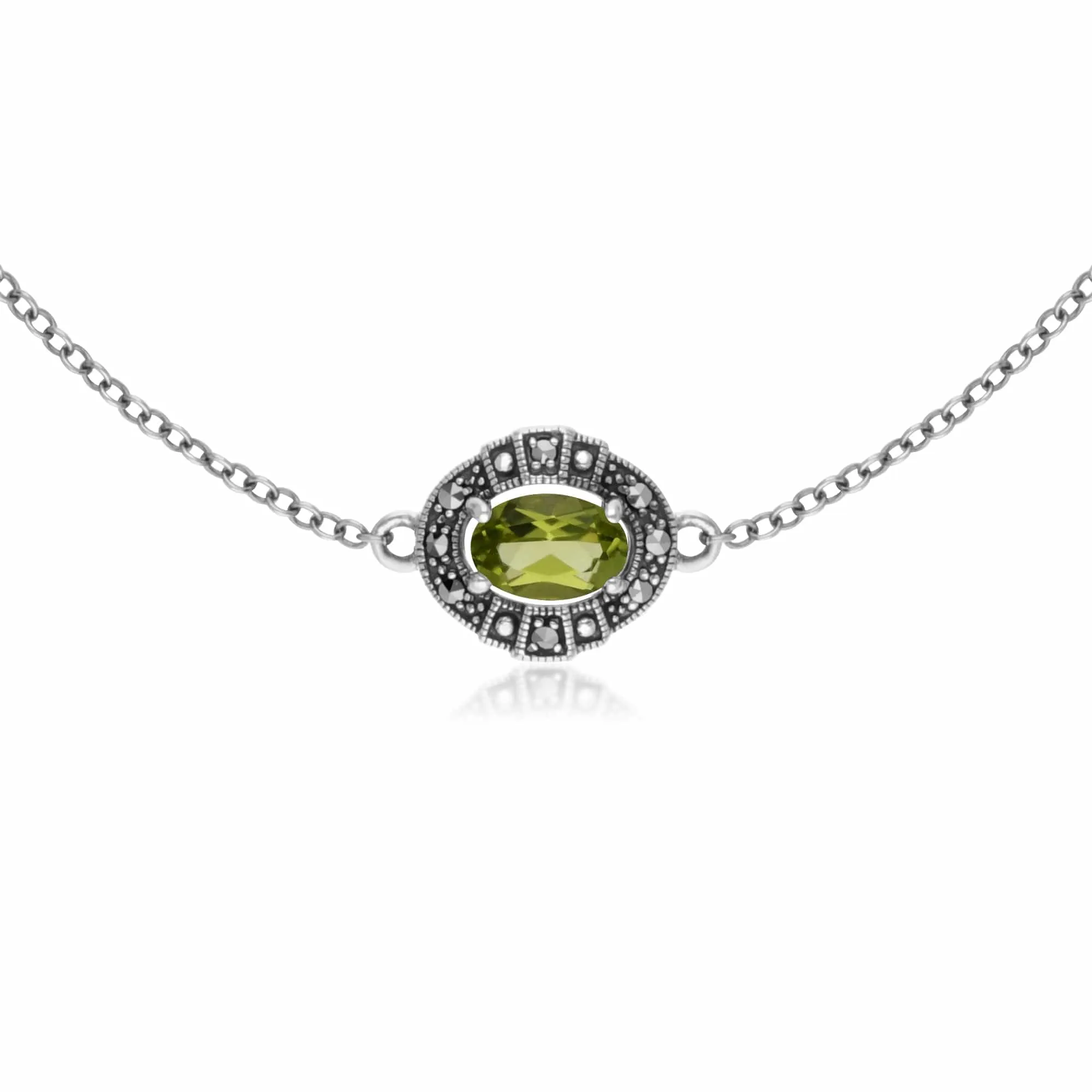 Art Deco Style Oval Peridot & Marcasite Cluster Bracelet in 925 Sterling Silver sold by Gemondo Jewellery