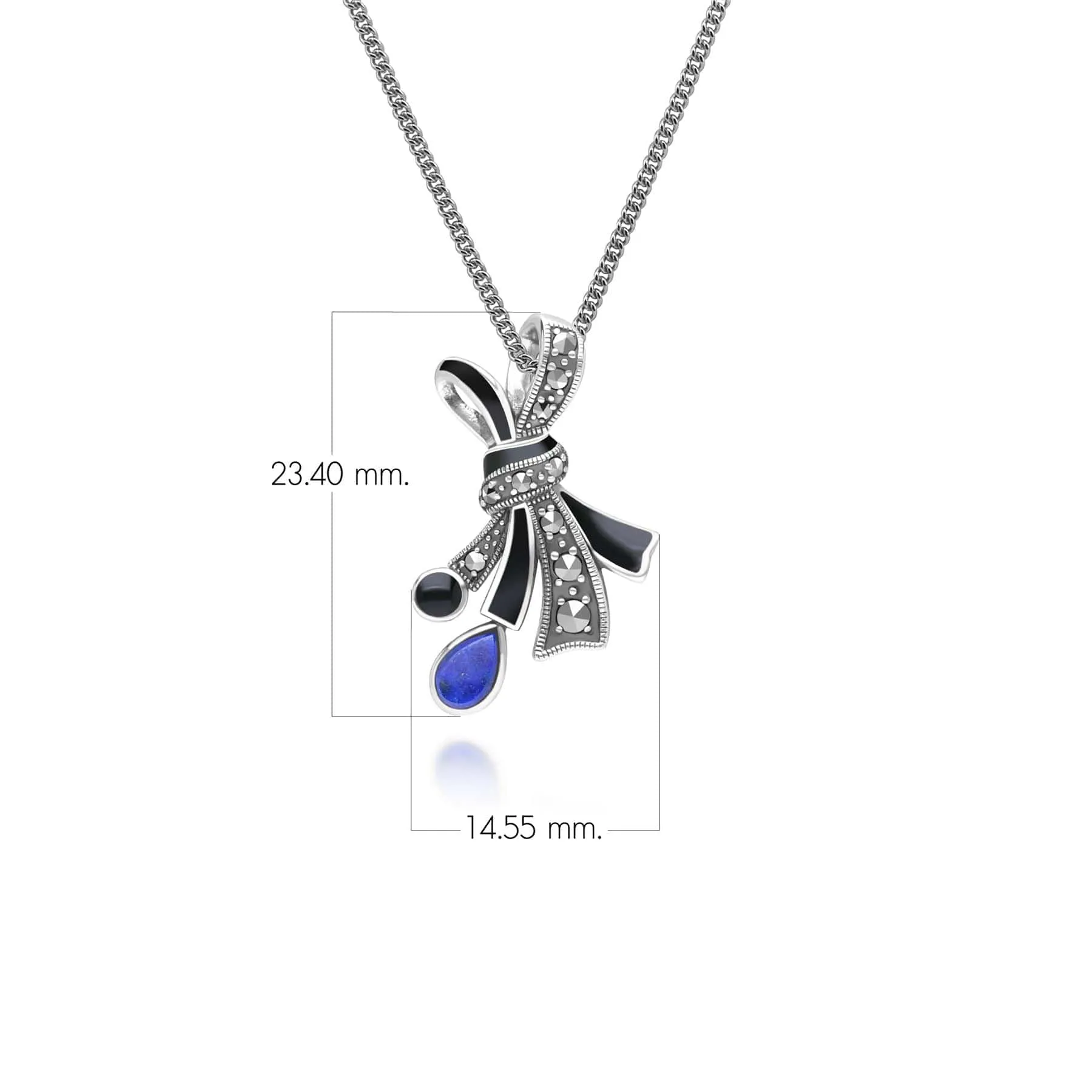 Art Nouveau Style Marcasite, Lapis Lazuli and Black Enamel Ribbon Bow Pendant Necklace in Sterling Silver sold by Gemondo Jewellery product image thumbnail 3