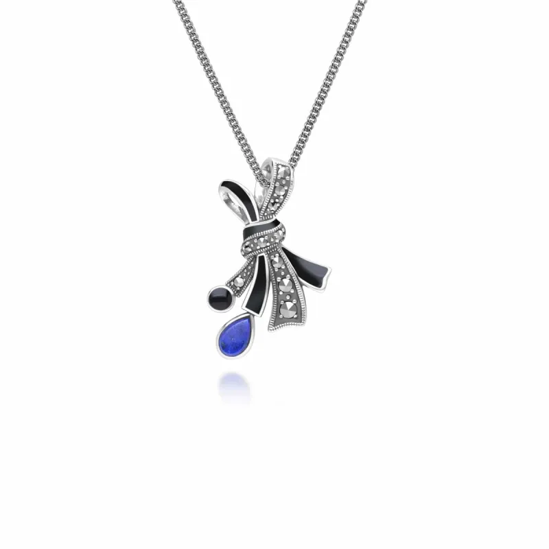 Art Nouveau Style Marcasite, Lapis Lazuli and Black Enamel Ribbon Bow Pendant Necklace in Sterling Silver sold by Gemondo Jewellery