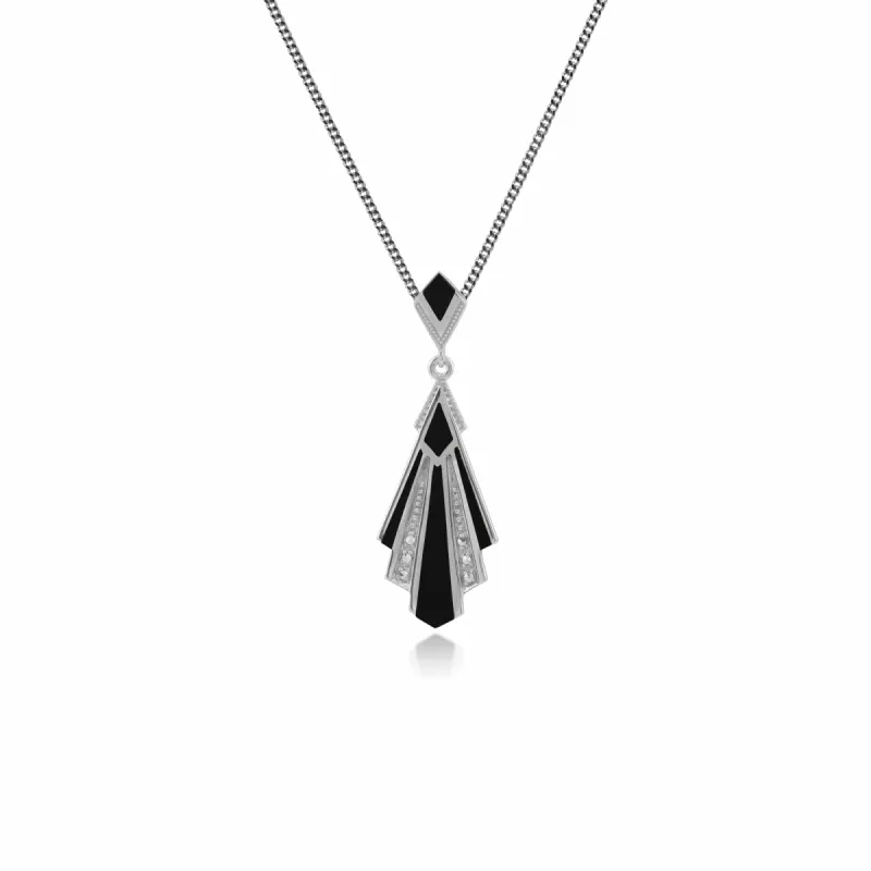 Art Deco Style Triangle Black Onyx & Marcasite Fan Pendant in 925 Sterling Silver sold by Gemondo Jewellery