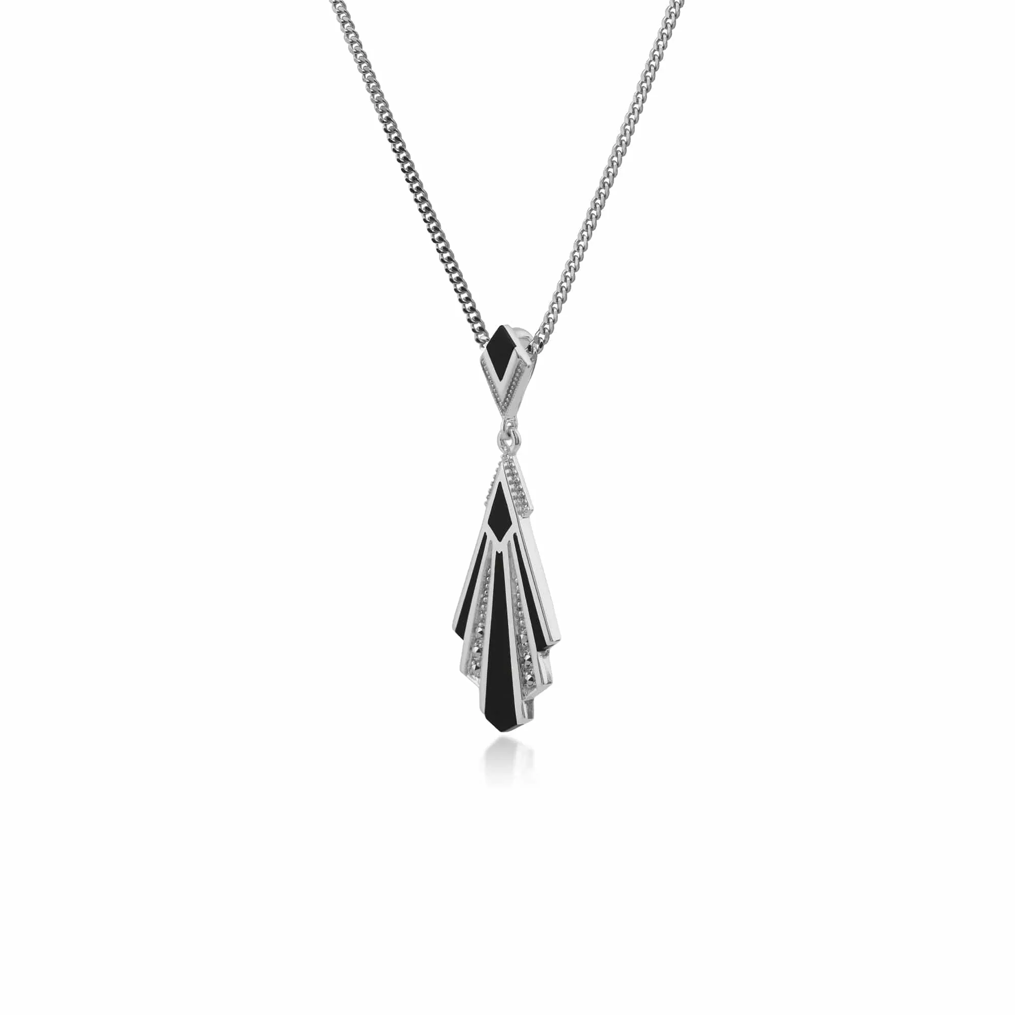 Art Deco Style Triangle Black Onyx & Marcasite Fan Pendant in 925 Sterling Silver sold by Gemondo Jewellery product image thumbnail 2