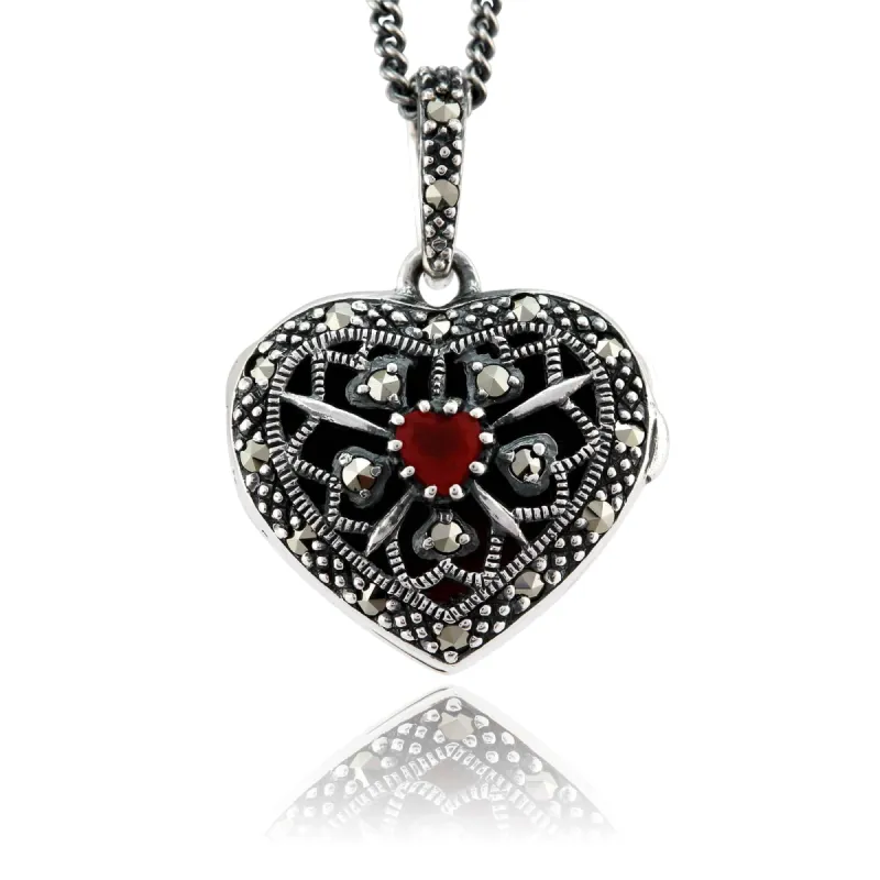 Art Nouveau Style Heart Carnelian & Marcasite Locket on Chain in 925 Sterling Silver sold by Gemondo Jewellery
