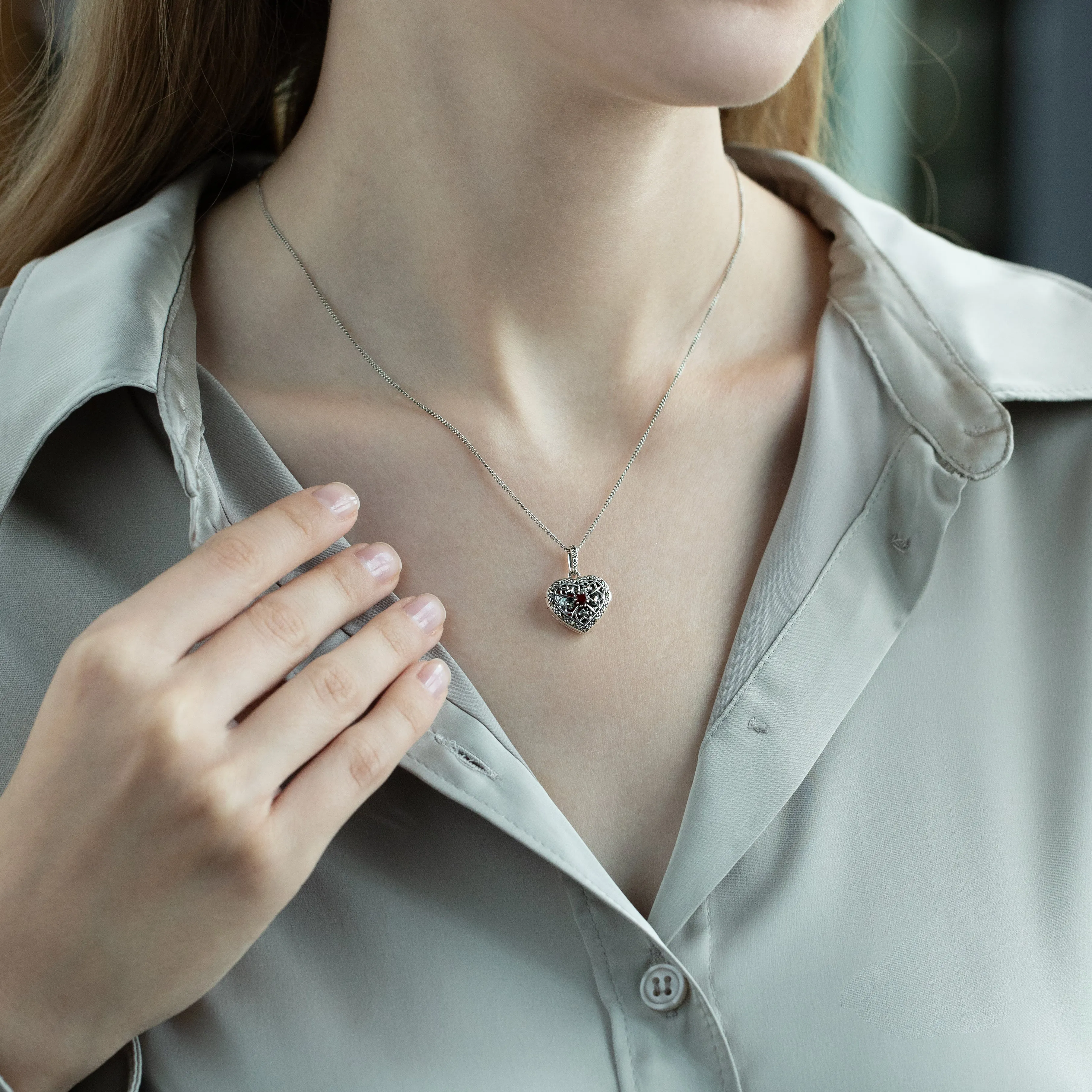 Art Nouveau Style Heart Carnelian & Marcasite Locket on Chain in 925 Sterling Silver sold by Gemondo Jewellery product image thumbnail 5