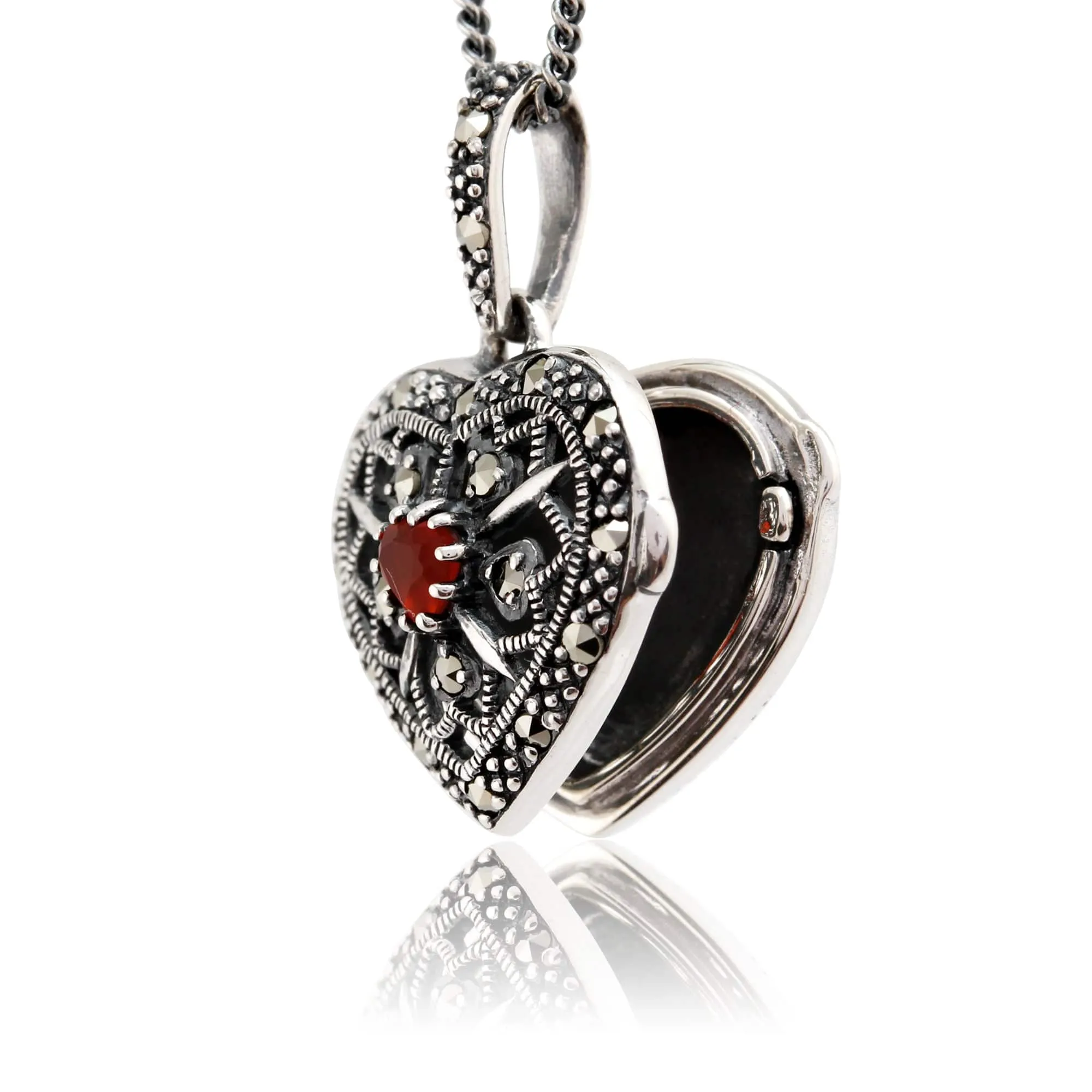 Art Nouveau Style Heart Carnelian & Marcasite Locket on Chain in 925 Sterling Silver sold by Gemondo Jewellery product image thumbnail 3
