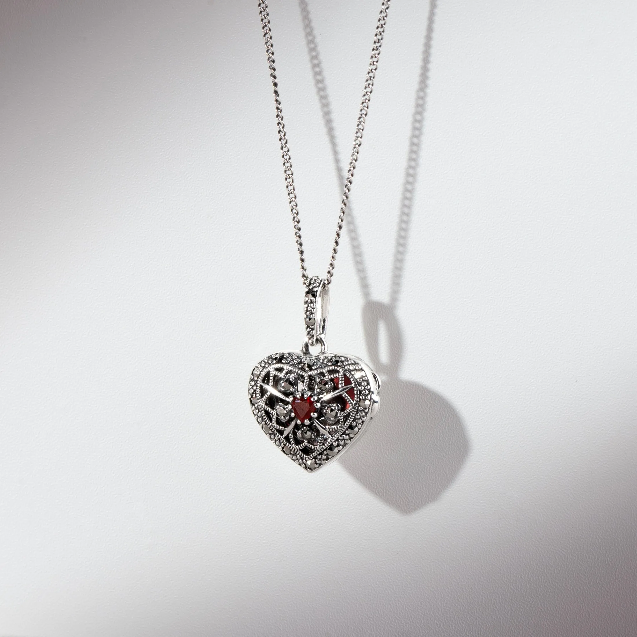 Art Nouveau Style Heart Carnelian & Marcasite Locket on Chain in 925 Sterling Silver sold by Gemondo Jewellery product image thumbnail 4