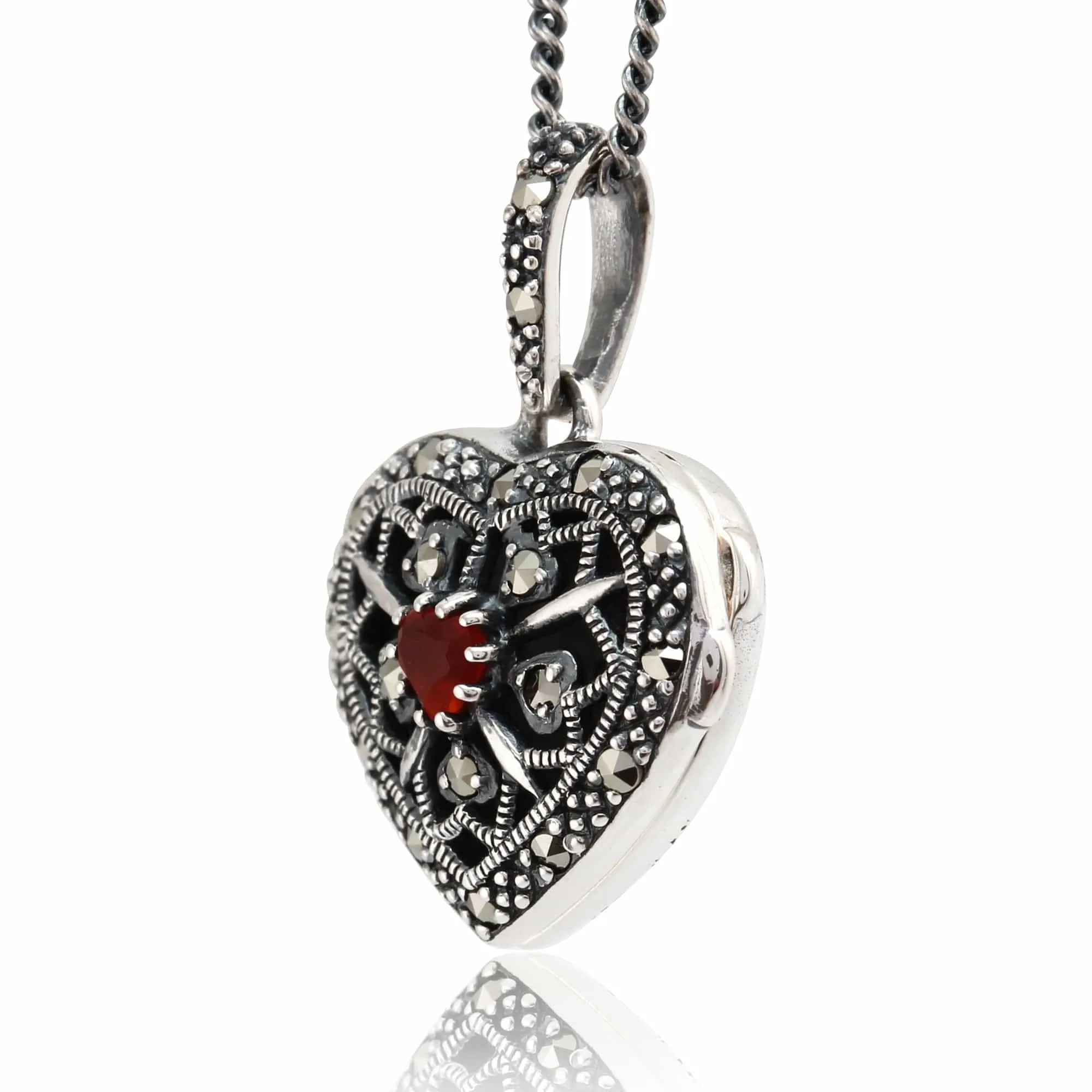 Art Nouveau Style Heart Carnelian & Marcasite Locket on Chain in 925 Sterling Silver sold by Gemondo Jewellery product image thumbnail 2