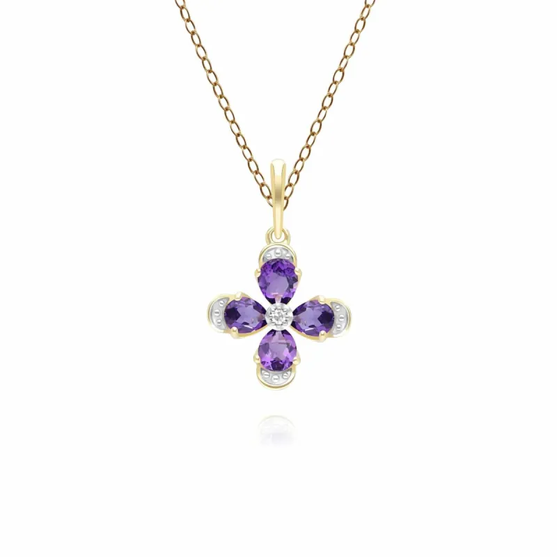 Floral Amethyst & Diamond Pendant Necklace in 9ct Yellow Gold sold by Gemondo Jewellery