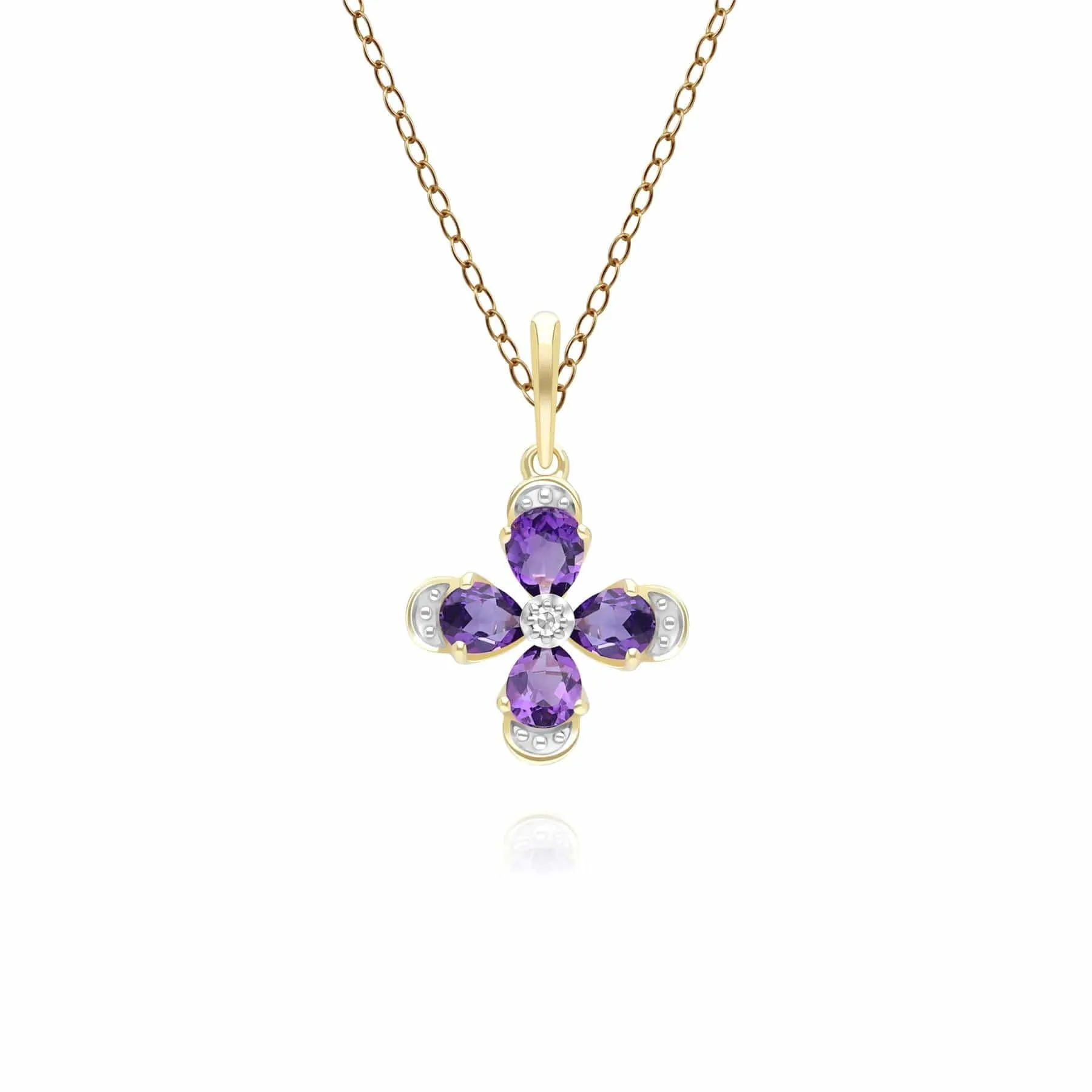 Floral Amethyst & Diamond Pendant Necklace in 9ct Yellow Gold sold by Gemondo Jewellery