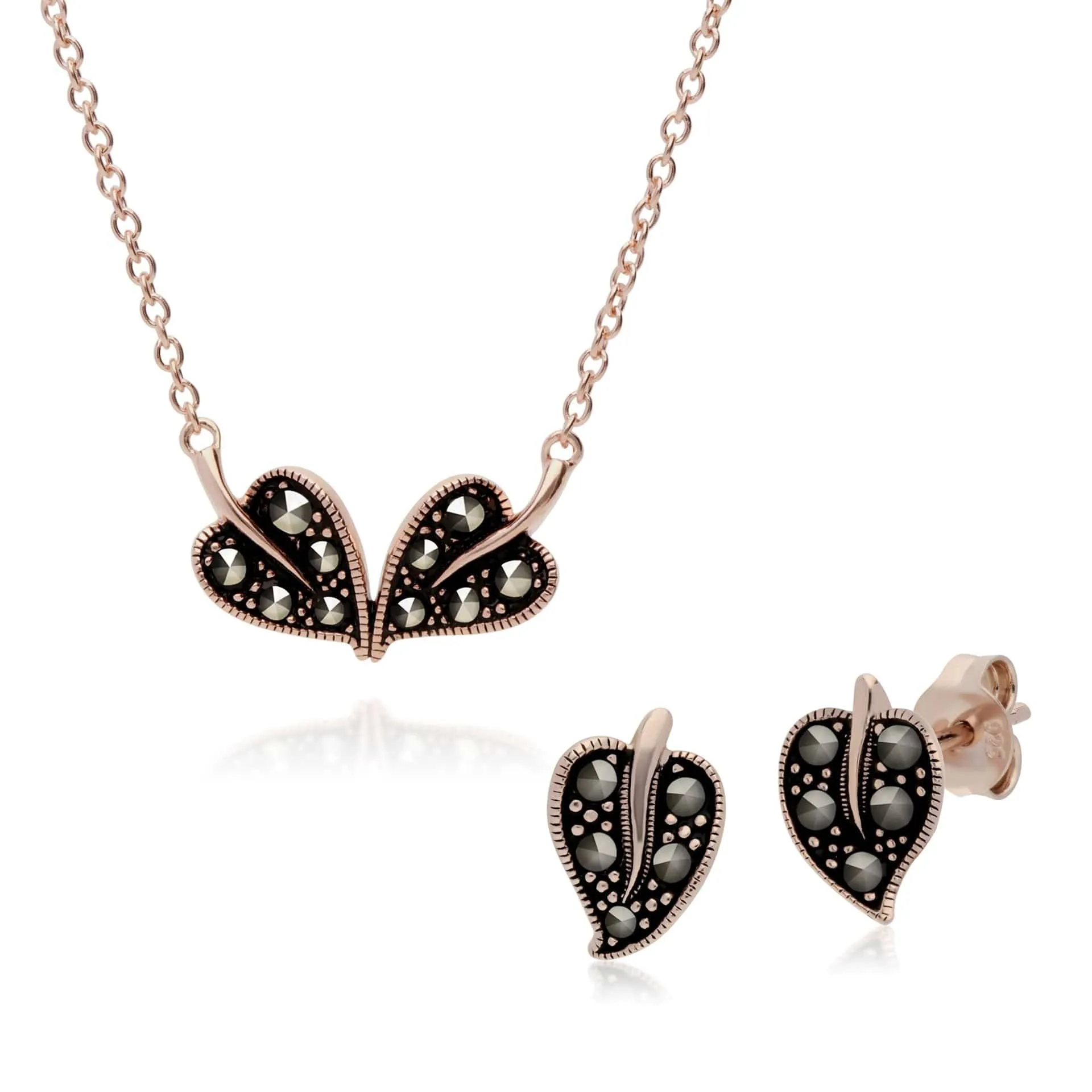 Rose Gold Plated Marcasite Leaf Stud Earrings & Necklace Set in 925 Sterling Silver sold by Gemondo Jewellery